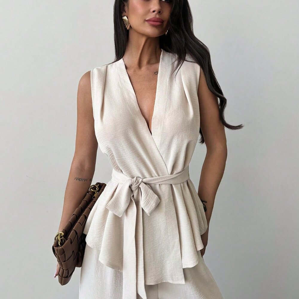 Apricot Elegant Casual Womens Loose V Neck Sleeveless top & Straight Leg Pants - Picture 6 of 7